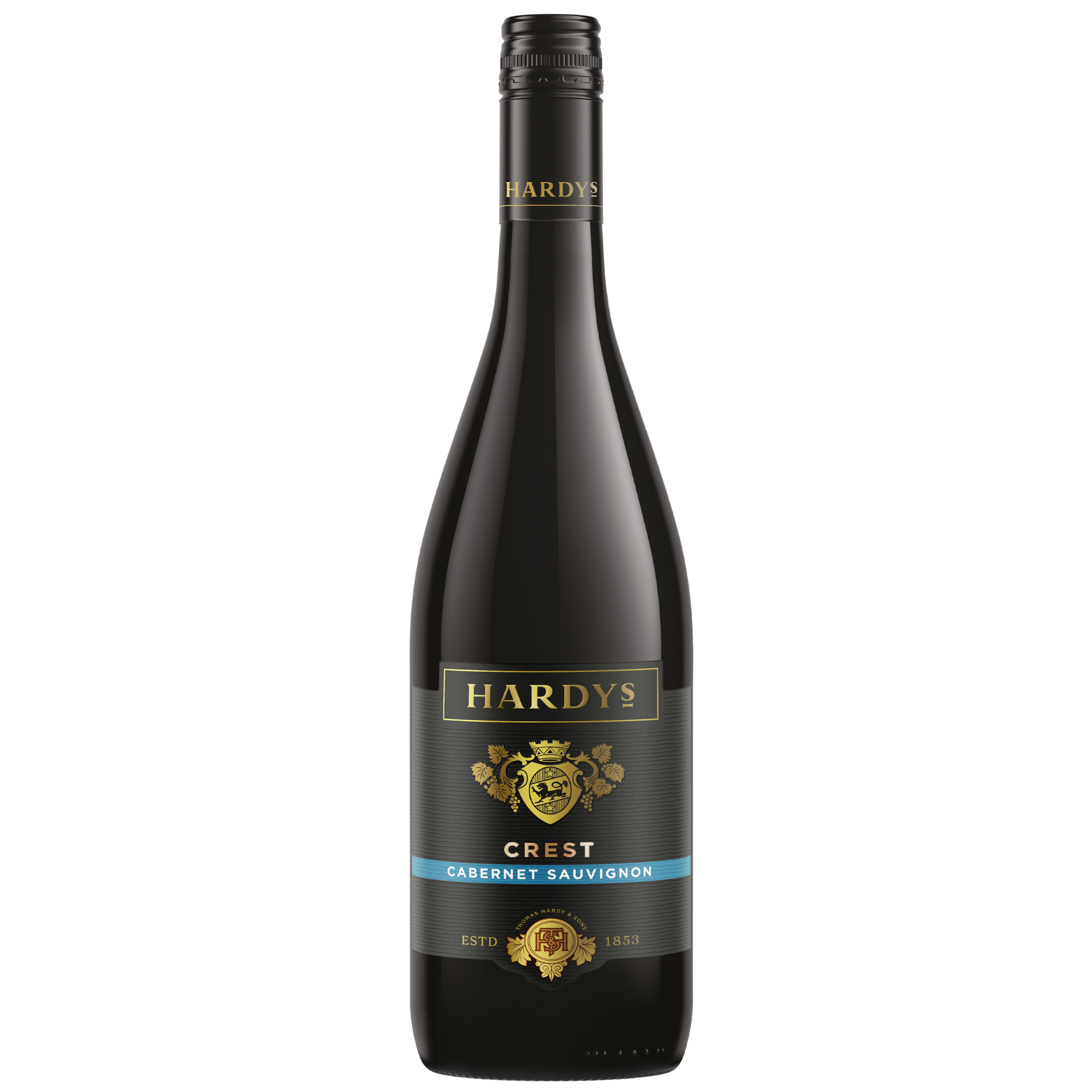 Eine Flasche Hardys Crest Cabernet Sauvignon Rotwein mit einem schwarz-goldenen Etikett.