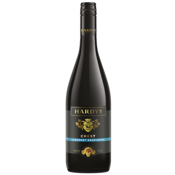 Eine Flasche Hardys Crest Cabernet Sauvignon Rotwein mit einem schwarz-goldenen Etikett.