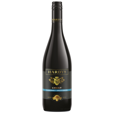 Eine Flasche Hardys Crest Cabernet Sauvignon Rotwein mit einem schwarz-goldenen Etikett.