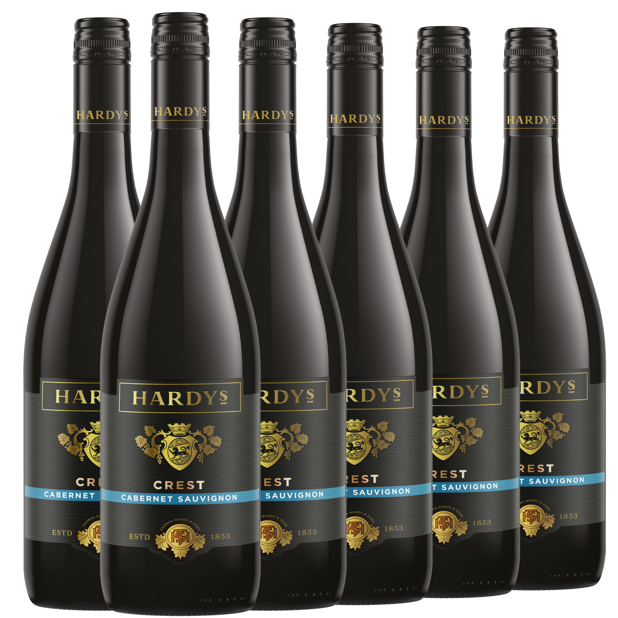 Sechs Flaschen des Rotweins Hardys Crest Cabernet Sauvignon in zwei Reihen angeordnet.