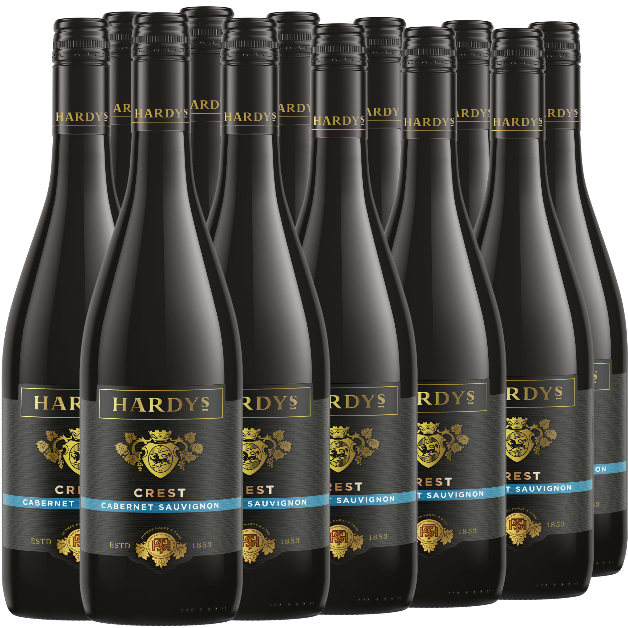 Zwölf Flaschen des Rotweins Hardy's Crest Cabernet Sauvignon in Reihen angeordnet.