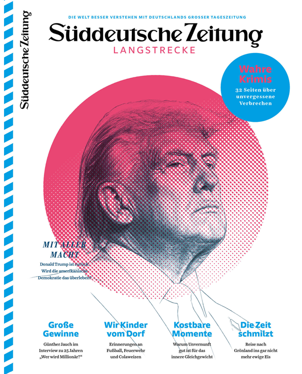 Rot-rosa Skizze von Donald Trump auf dem Cover der Süddeutschen Zeitung, mit Schlagzeilen und blauen grafischen Akzenten.
