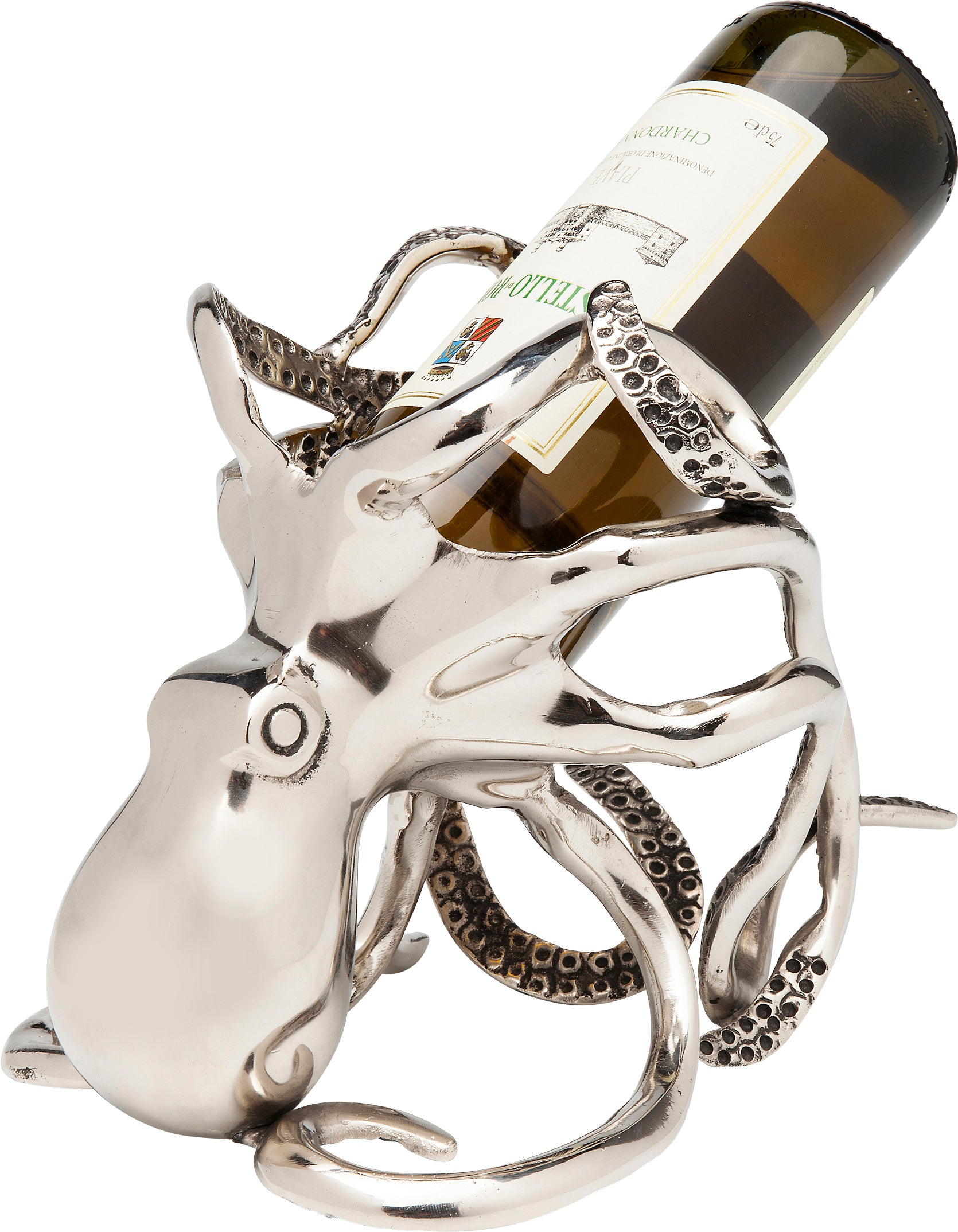 Der Flaschenhalter Octopus aus silberfarbenem Metall hält stilvoll eine Weinflasche mit geschwungenen Tentakeln – ein glänzendes und originelles Geschenk für Weinliebhaber.
