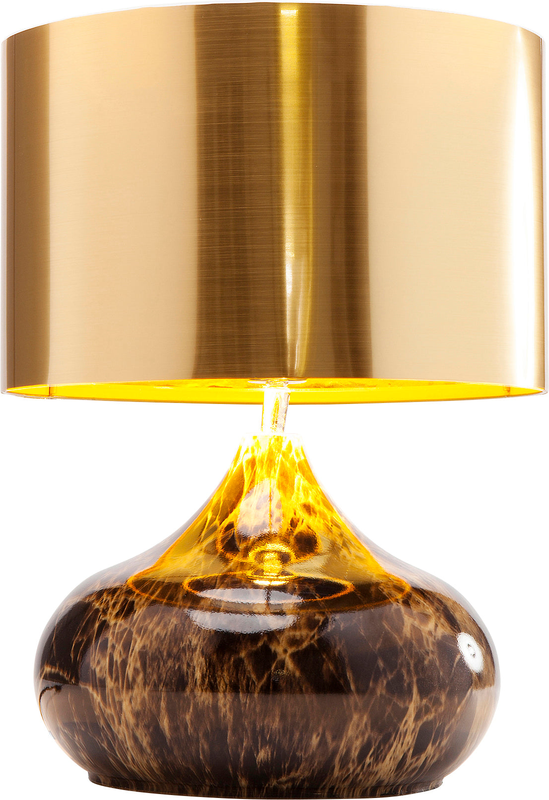 Die Tischleuchte Mamo Deluxe verfügt über einen glänzenden Lampenschirm aus Goldmetallic und einen glänzenden, abgerundeten braunen Sockel mit Marmordesign, der auf seinen reflektierenden Oberflächen einen warmen Schein erzeugt.