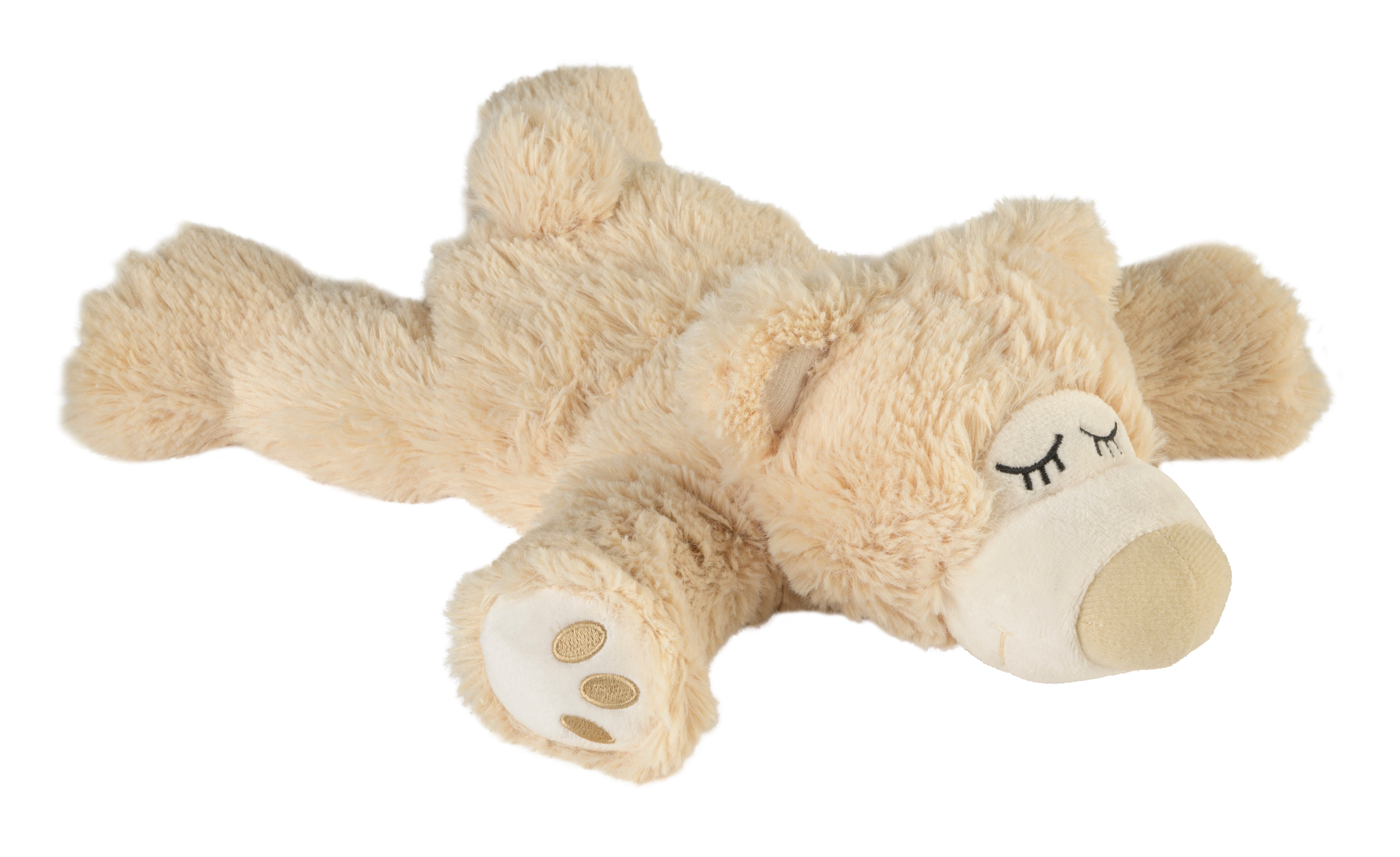 Ein beiger Plüschteddybär liegt flach auf dem Bauch, hat geschlossene Augen und einen entspannten Gesichtsausdruck.