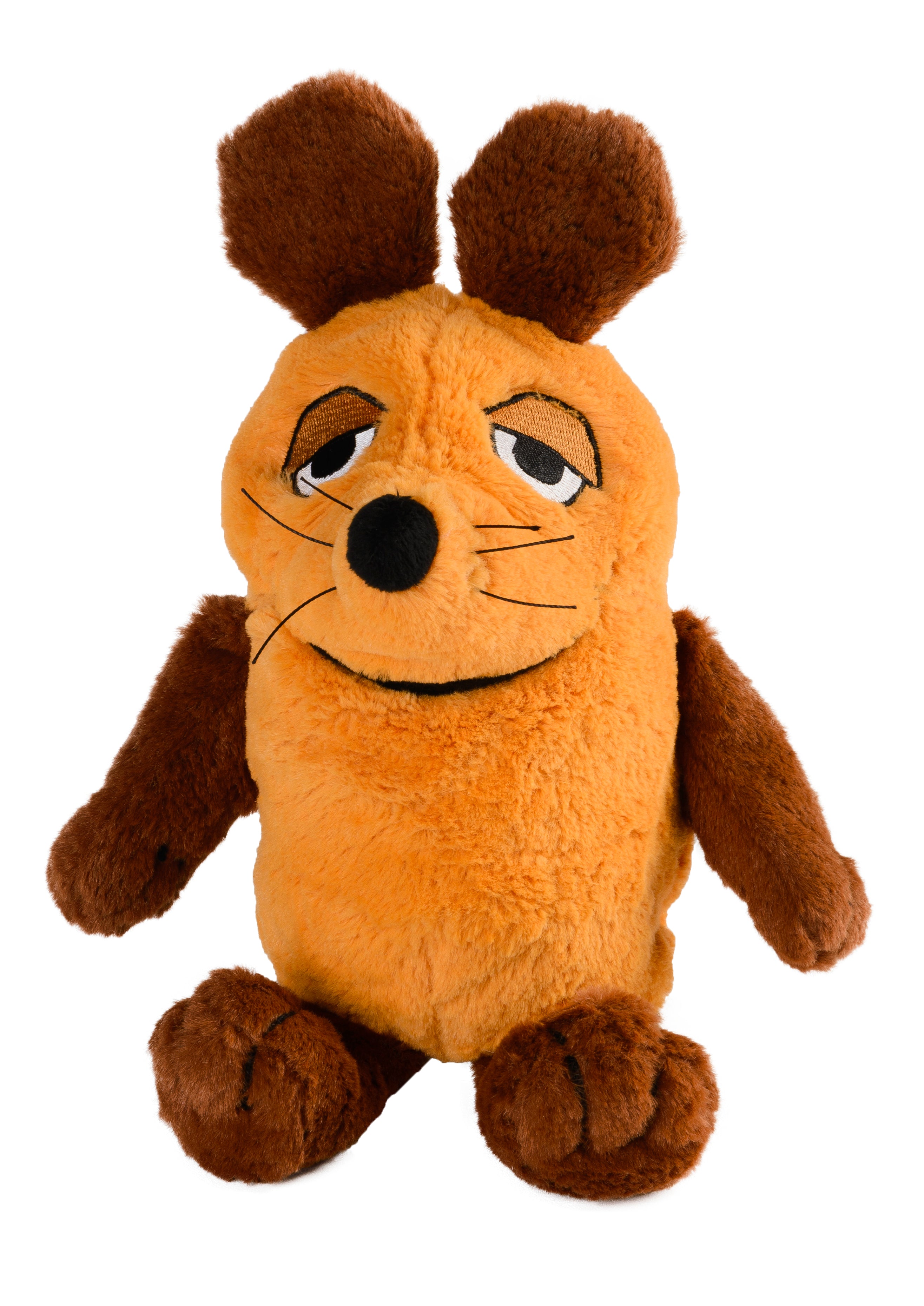 Plüschtier einer orangefarbenen Maus mit braunen Ohren, Armen, Beinen und einem schläfrigen Gesichtsausdruck.