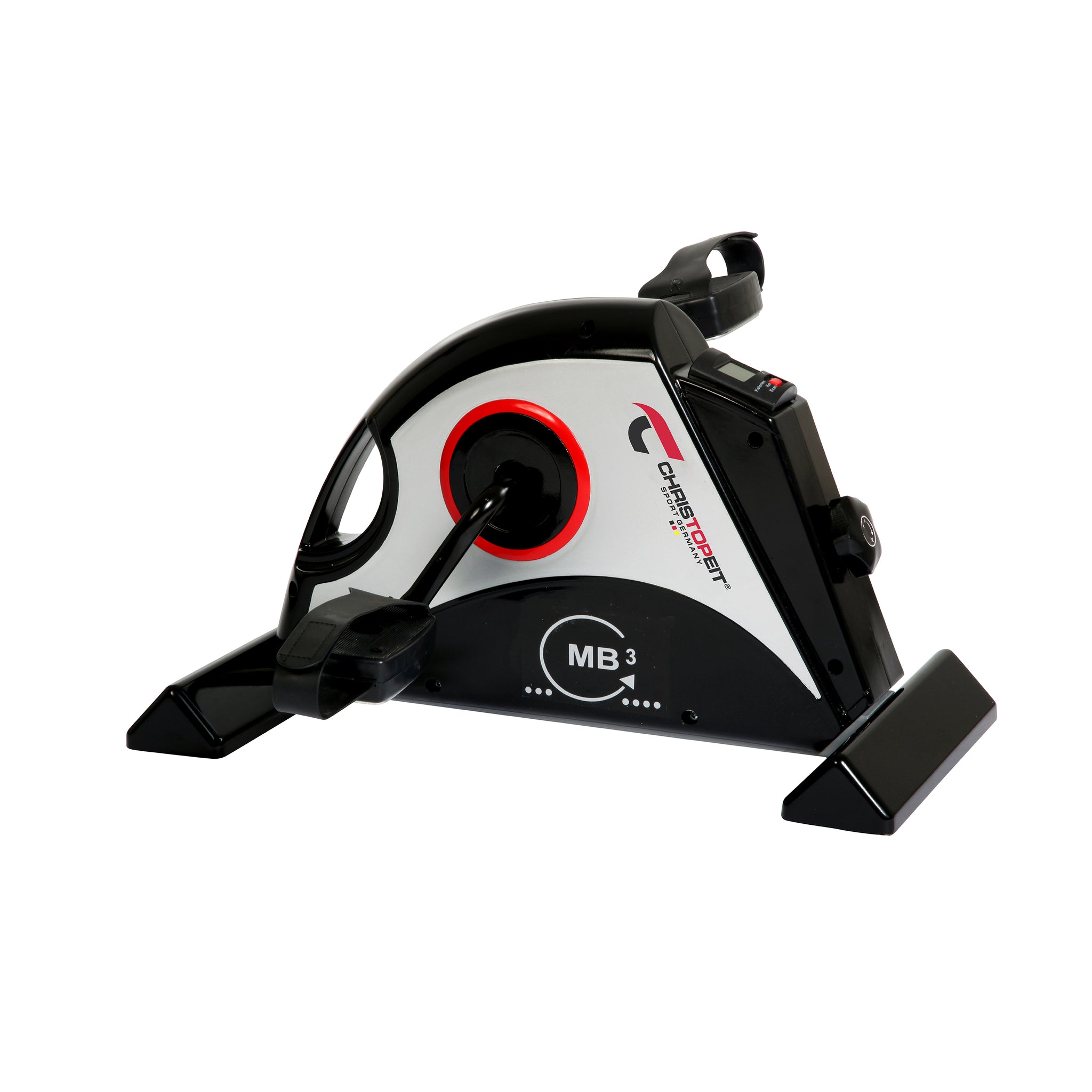 Kompakter schwarz-weißer Heimtrainer mit verstellbarem Widerstandsregler und Display.