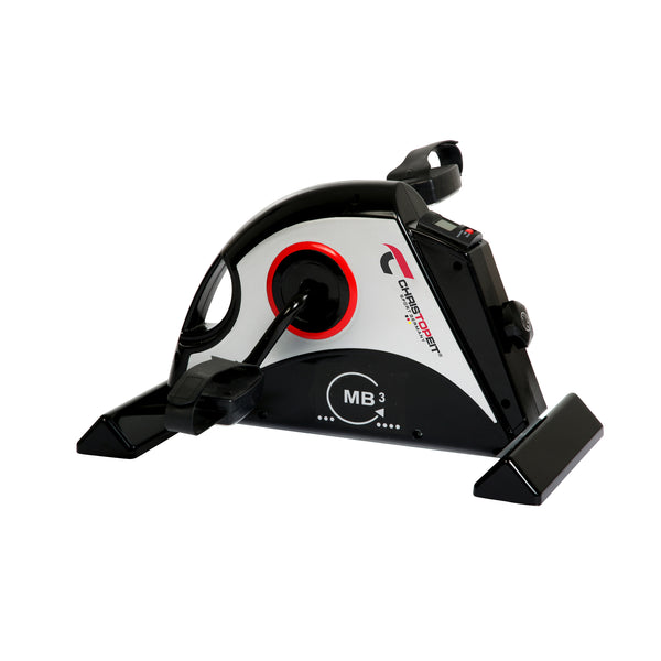 Kompakter schwarz-weißer Heimtrainer mit verstellbarem Widerstandsregler und Display.