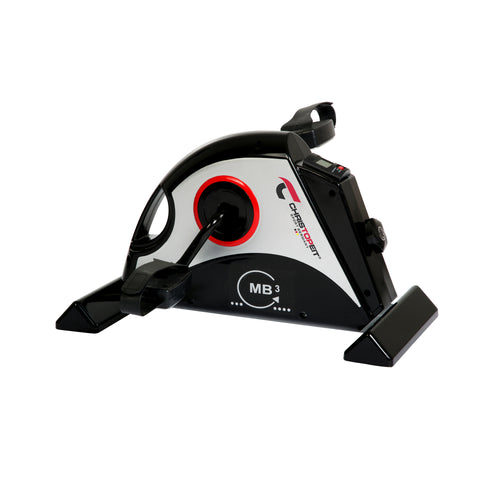 Kompakter schwarz-weißer Heimtrainer mit verstellbarem Widerstandsregler und Display.