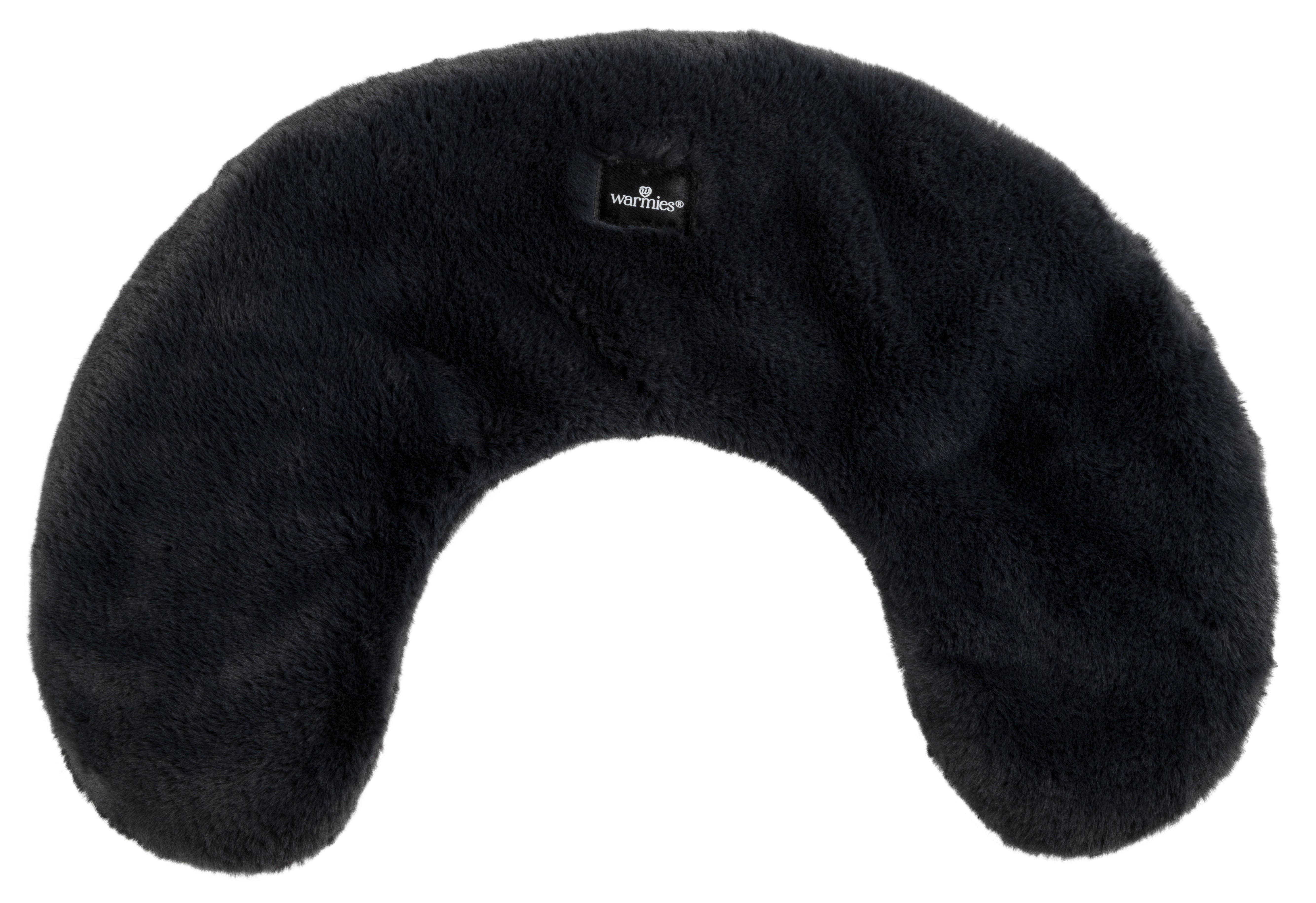 Ein schwarzes, U-förmiges, weiches Nackenkissen auf weißem Hintergrund.
