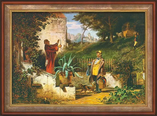Ein Mann in einem Garten malt einen anderen Mann, der einen Krug hält, mit Bäumen und einem Haus im Hintergrund.