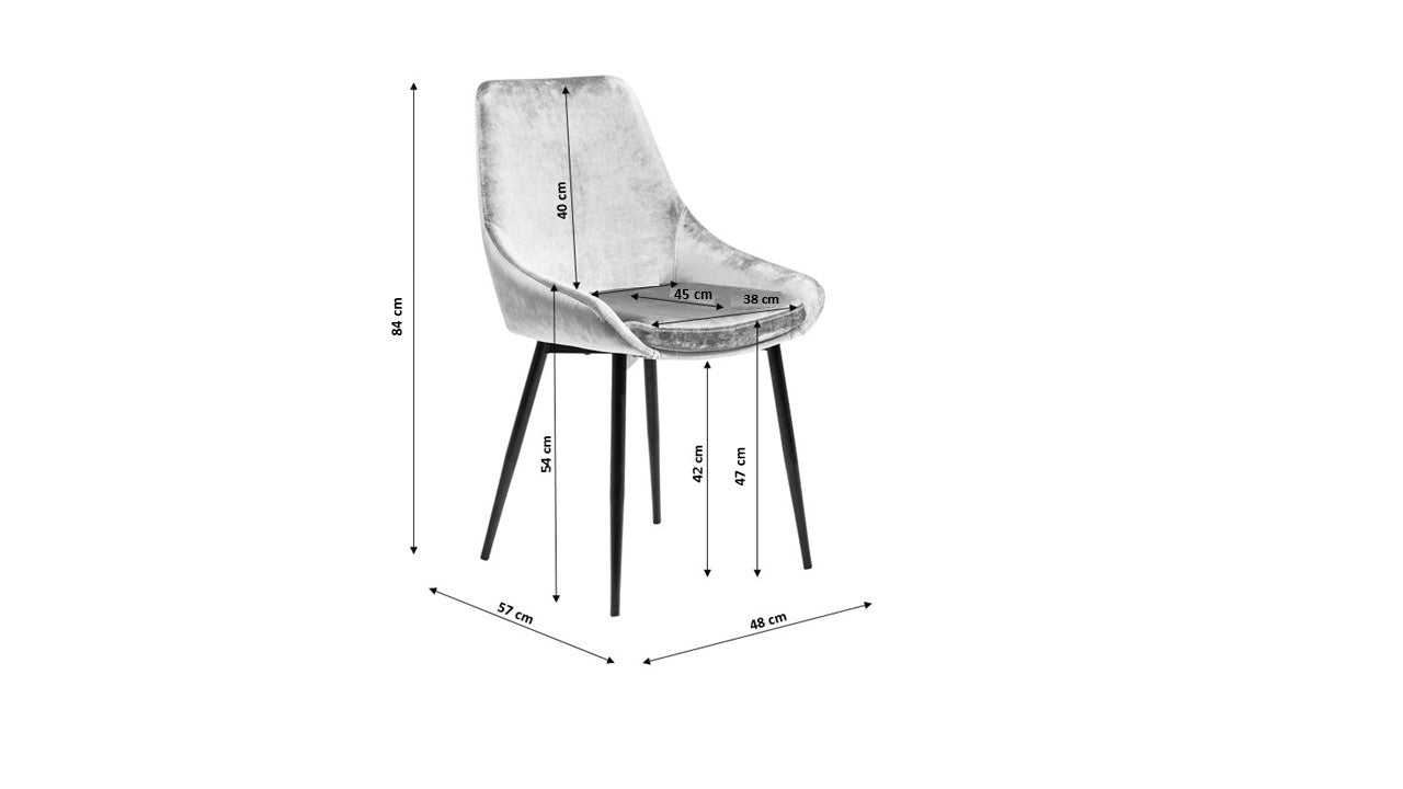 Der Stuhl East Side Pearl: Moderner, bequemer Samtstuhl in Grau mit schwarzen Beinen. Maße: 84cm hoch, 57cm tief, 48cm breit; Sitzhöhe 47cm, Sitztiefe 40cm, Sitzbreite 45cm, Rückenlehne 54cm hoch.