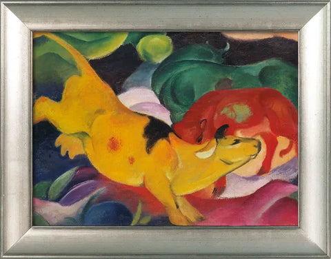 Abstraktes Gemälde von zwei Kühen, einer gelben und einer roten, die sich inmitten von bunten, wirbelnden Formen ausruhen.