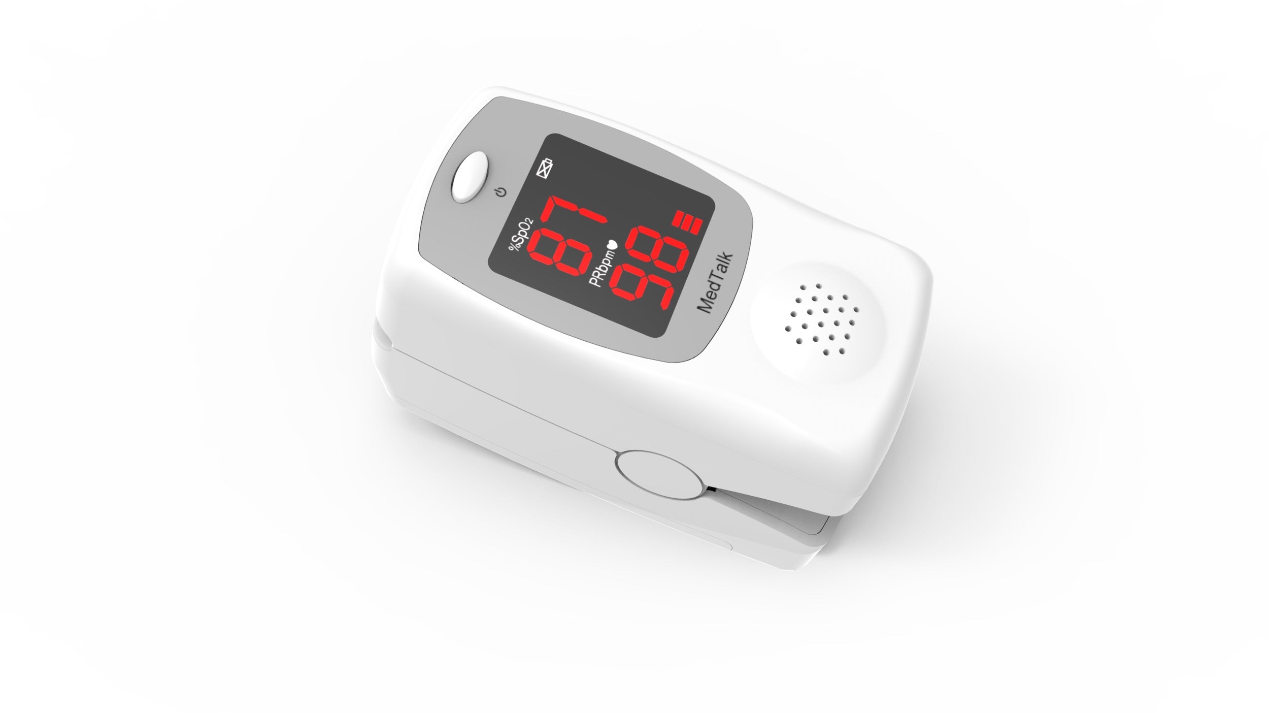 Ein weißes Fingerpulsoximeter mit einem SpO2-Wert von 98 % und einer Pulsfrequenz von 67 Schlägen pro Minute.