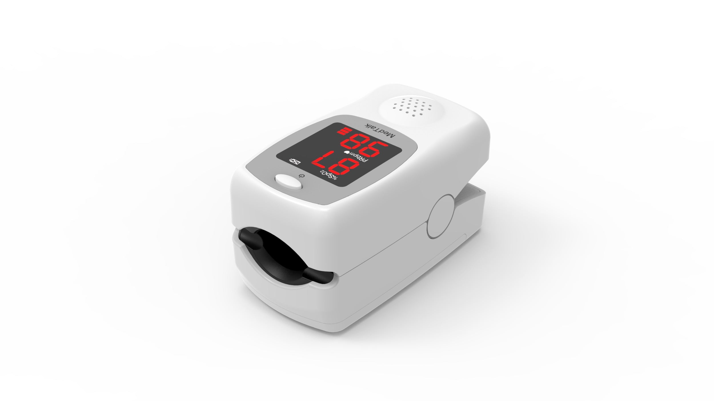 Ein digitales Pulsoximeter mit einer Anzeige, die den Blutsauerstoff und die Pulswerte auf weißem Hintergrund anzeigt.
