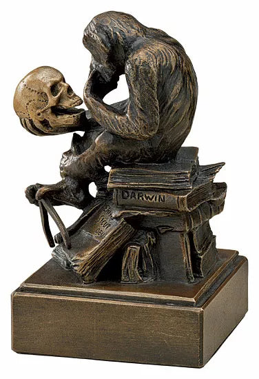 Kunstbronze-Skulptur „Affe mit Schädel“ (1892-93) von Wolfgang Hugo Rheinhold: Ein nachdenklicher Affe sitzt auf Darwin-Büchern und hält einen Schädel.