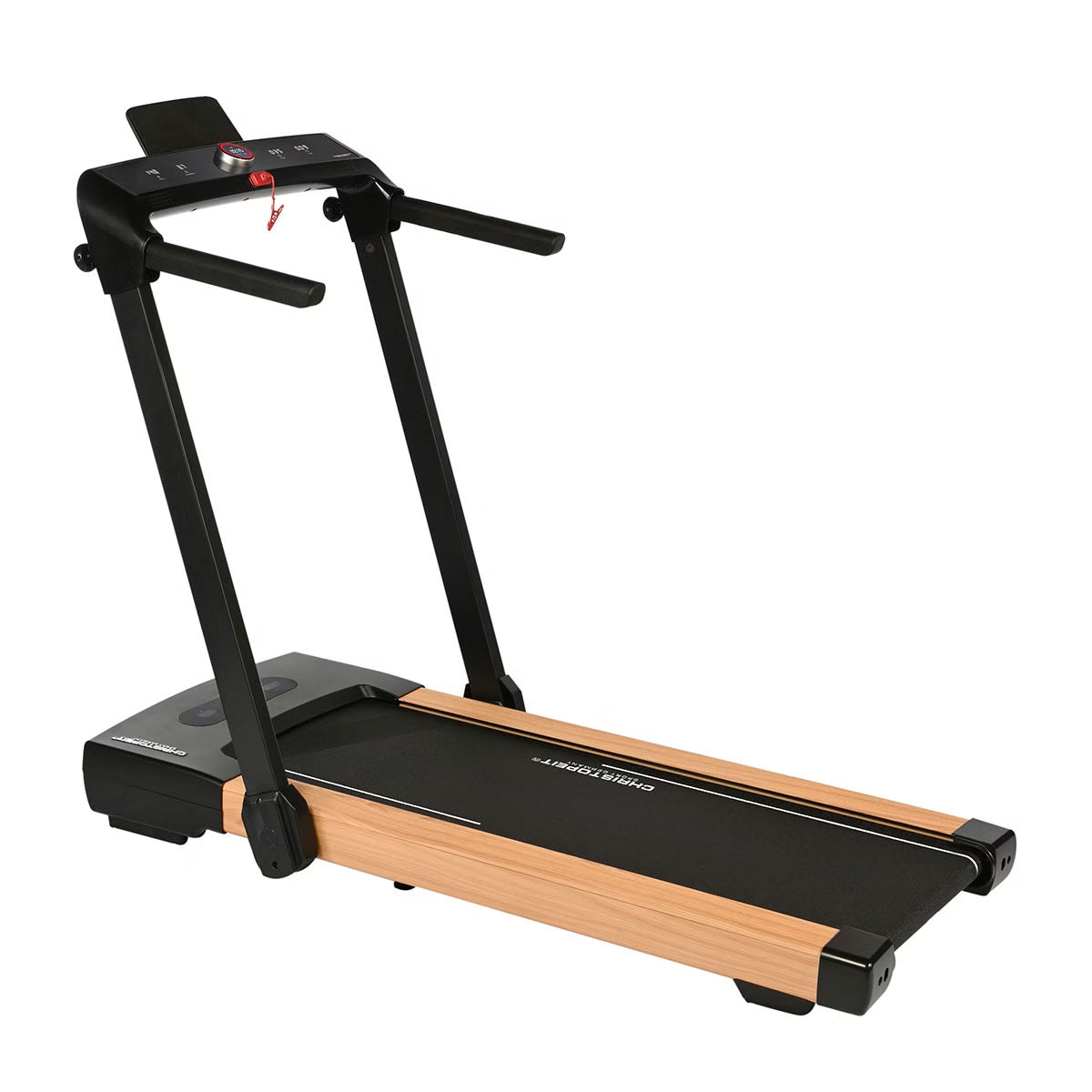 Ein schwarzes, holzverkleidetes Laufband mit Handläufen und einem digitalen Anzeigefeld.