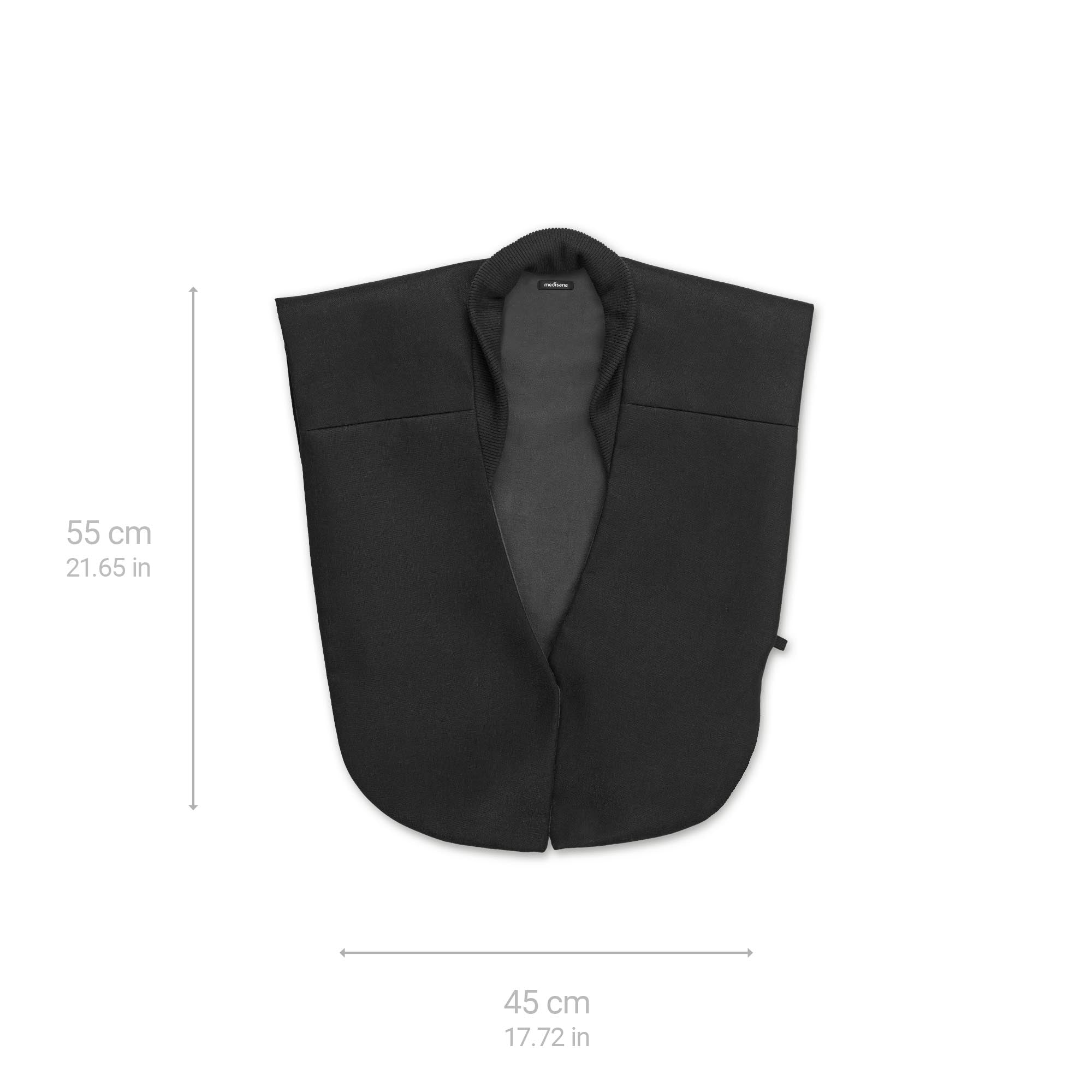 Schwarzer Schal mit offener Vorderseite, flach gelegt; Maße sind 55 cm hoch und 45 cm breit, weißer Hintergrund.