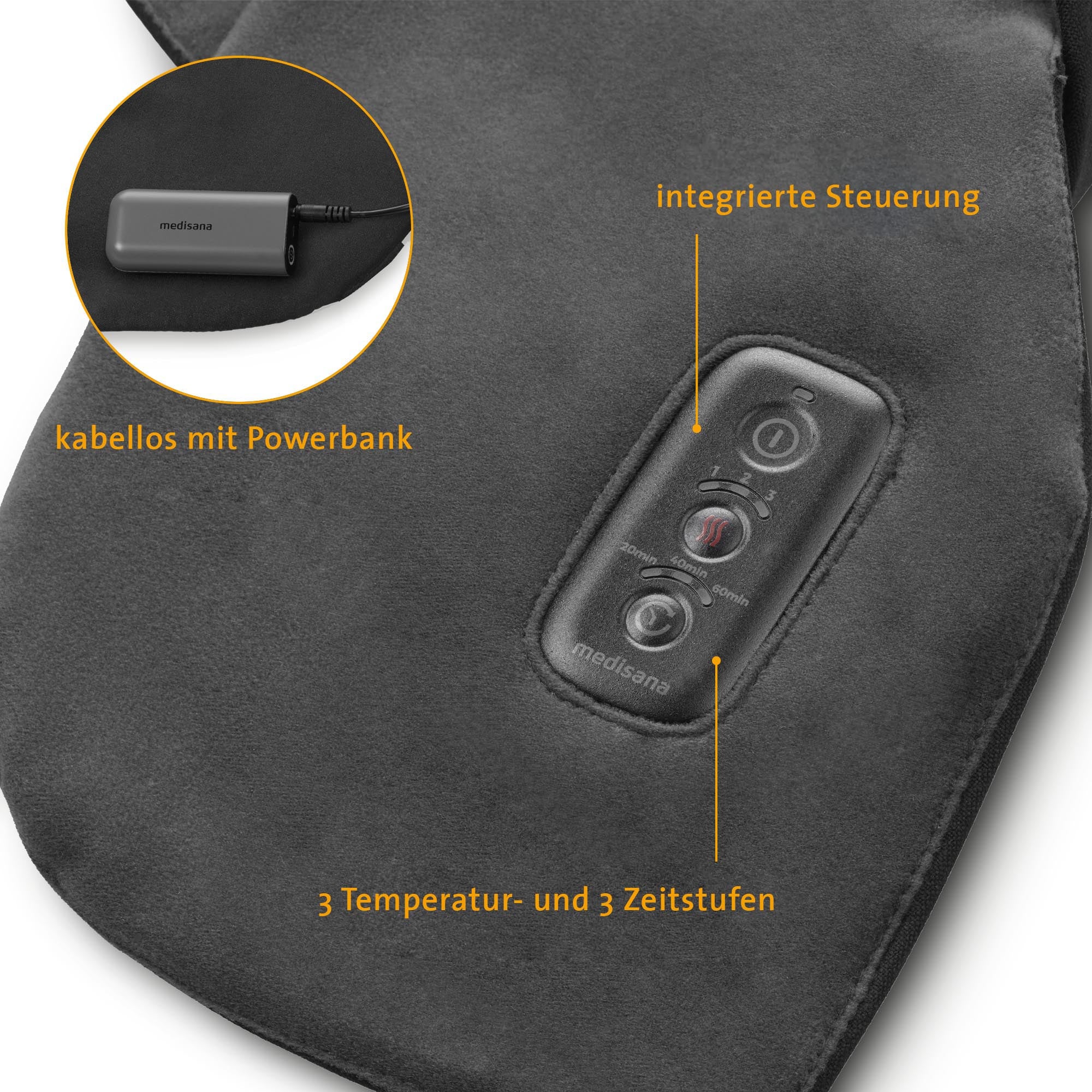 Nahaufnahme eines schwarzen Heizkissens mit Bedientasten, dargestellt mit kabelloser Powerbank und beschrifteten Funktionen auf Deutsch.