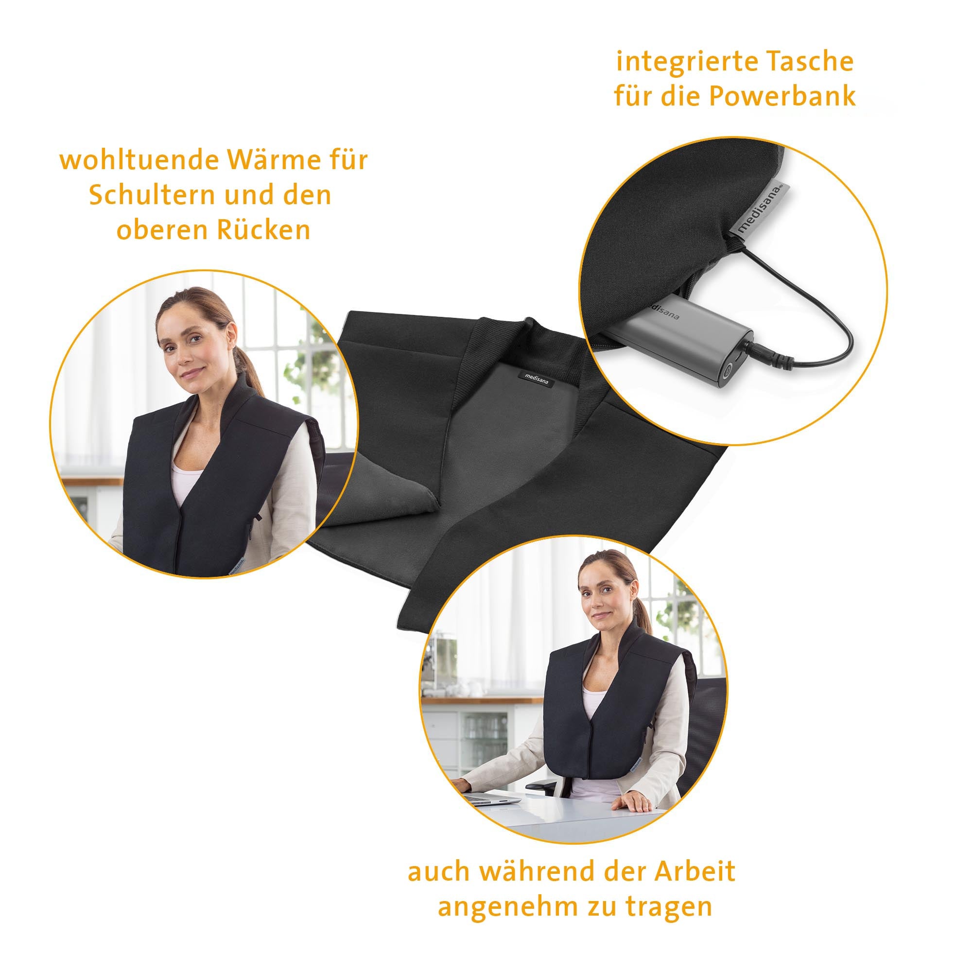 Frau trägt beheizbare Schulterwärmer aus schwarzem Stoff, geeignet auch bei der Arbeit; Powerbank-Tasche sichtbar.