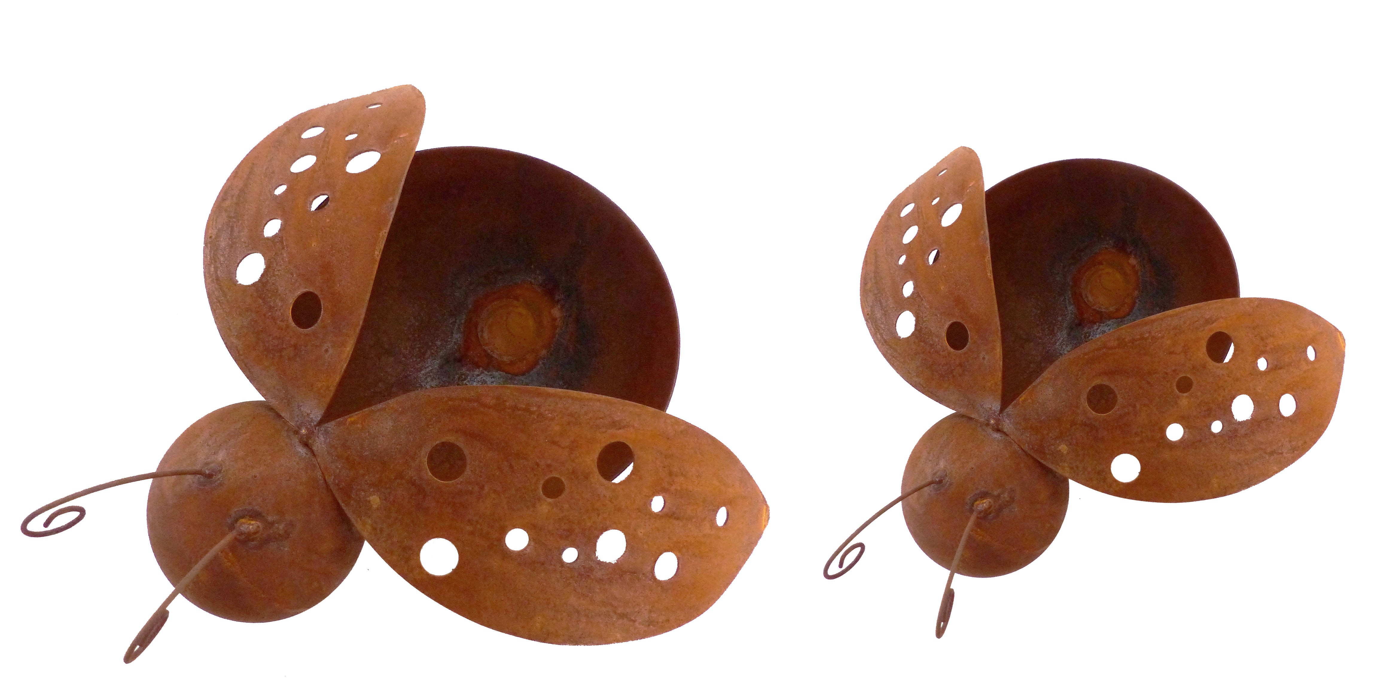 Zwei rostfarbene Metallskulpturen von Marienkäfern mit großen, durchbrochenen Flügeln auf weißem Hintergrund.