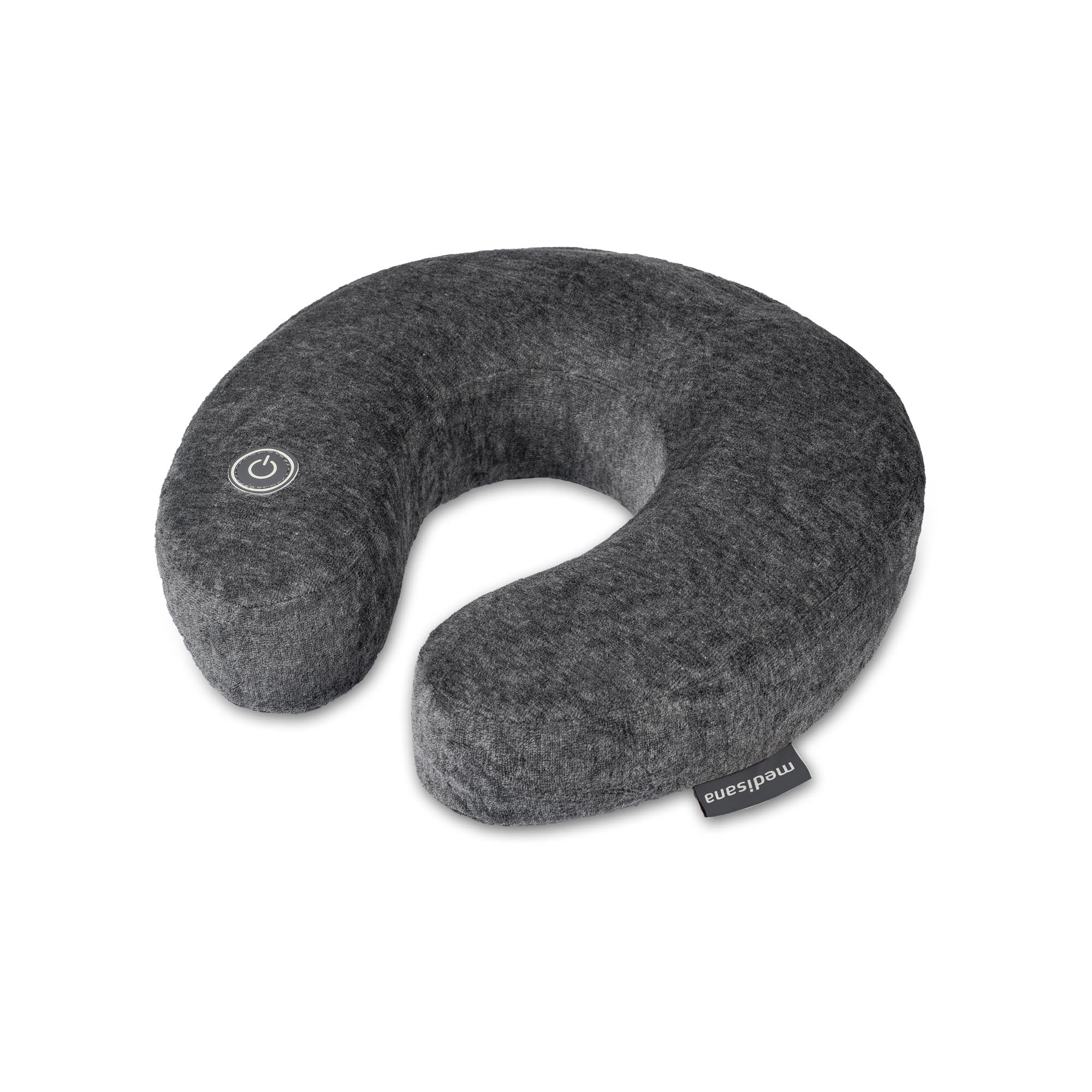 Dunkelgraues U-förmiges Nackenkissen für unterwegs mit einem Einschaltknopf-Symbol und einem sichtbaren Stoffetikett.