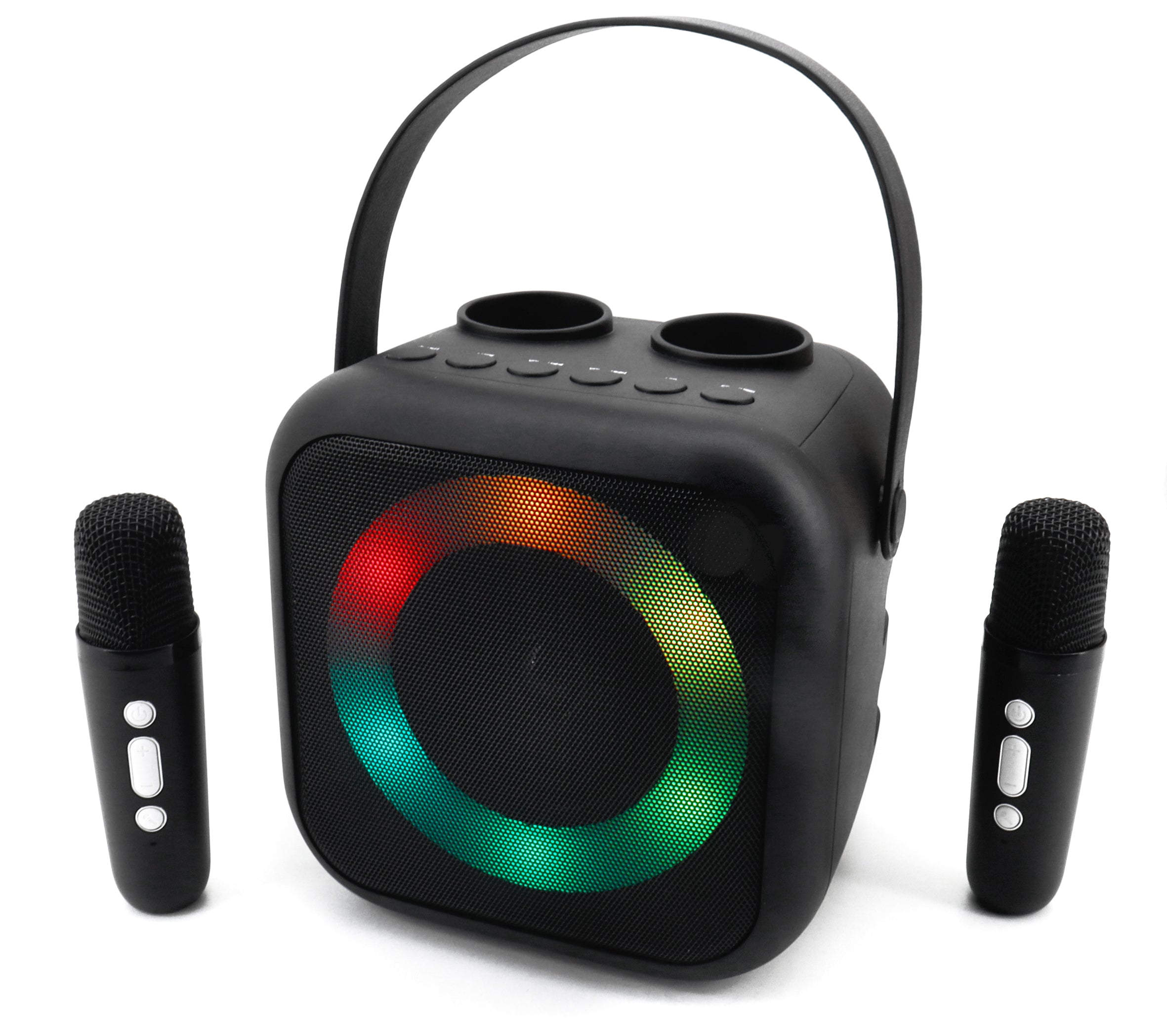 Schwarzer tragbarer Lautsprecher mit bunten LED-Ringlichtern und zwei kabellosen Mikrofonen auf beiden Seiten.