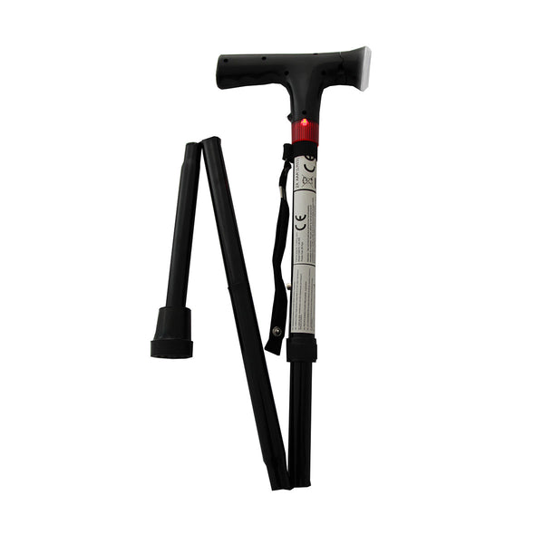 Zusammenklappbarer schwarzer Gehstock mit T-förmigem Griff und Gummispitze, hier in teilweise zusammengeklappter Position.