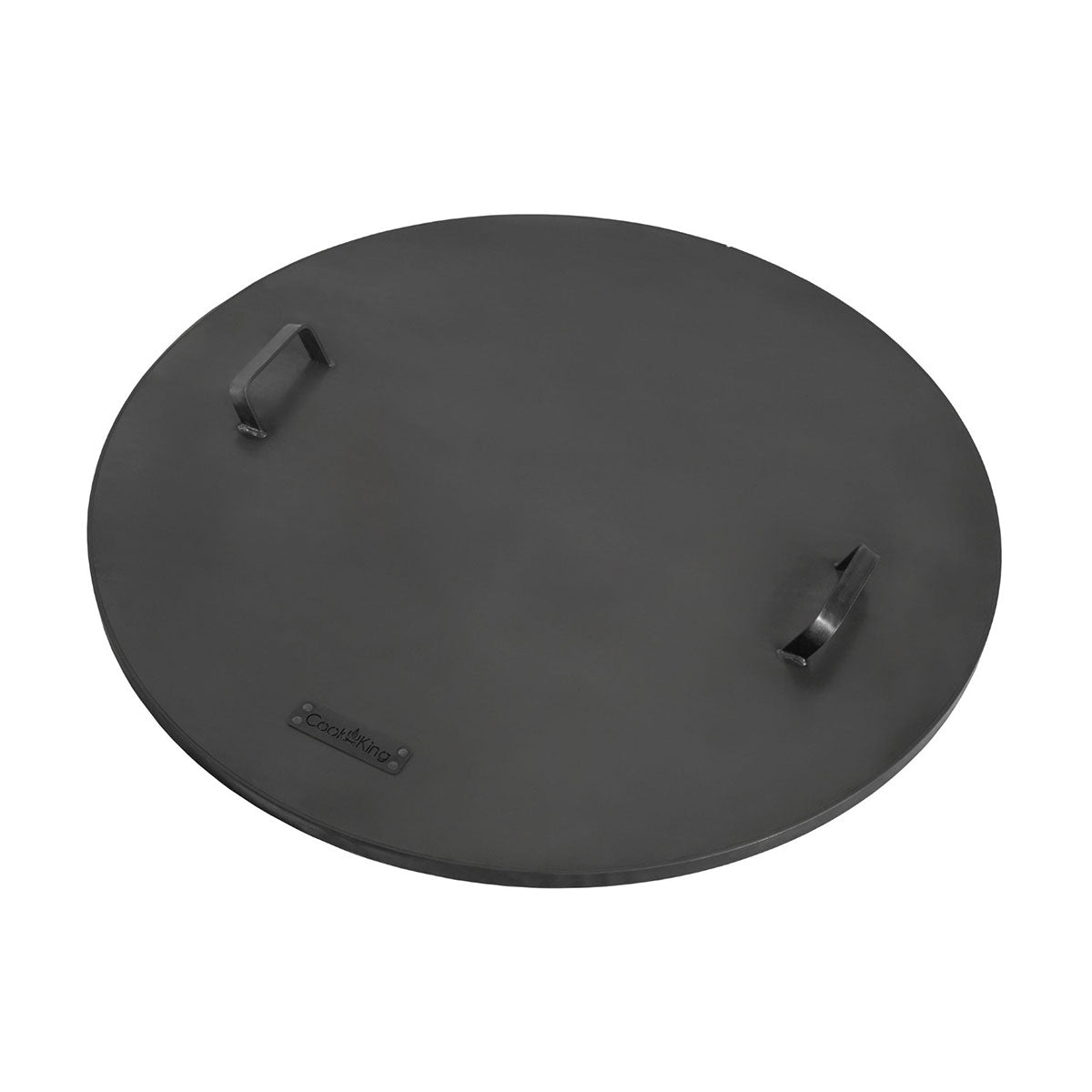 Runder schwarzer Metalldeckel mit zwei Griffen an der Oberseite, auf weißem Hintergrund.