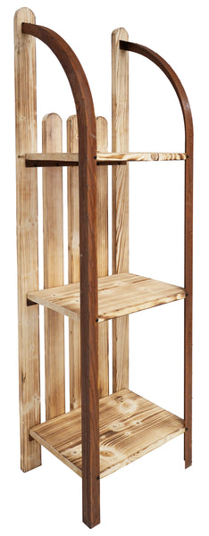 Holzregal mit drei Regalen und gewölbten Seitenstützen, isoliert auf weißem Hintergrund.