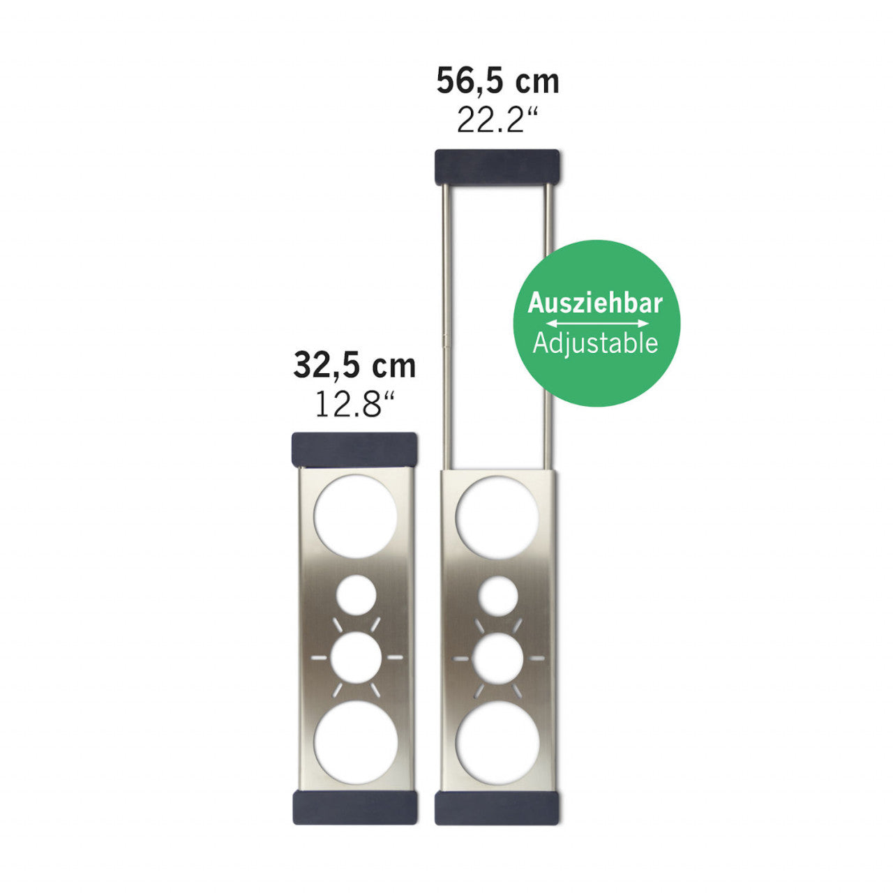 Die Abtropfhilfe Drip.it verfügt über zwei verstellbare Metallhalterungen mit Löchern, die sich von 32,5 cm (12,8 Zoll) bis 56,5 cm (22,2 Zoll) ausziehen lassen.