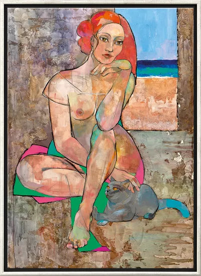 Marina Krasnitskaya: Bild „Träume vom Meer“, gerahmt – Abstraktes Gemälde einer nackten Frau mit roten Haaren am Strand, die ihre Hand auf eine graue Katze legt.