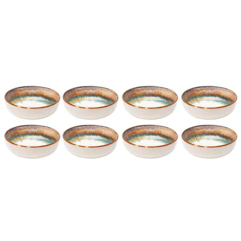 Acht Keramikschalen mit blauem und braunem Farbverlauf am Rand, angeordnet in zwei Viererreihen.