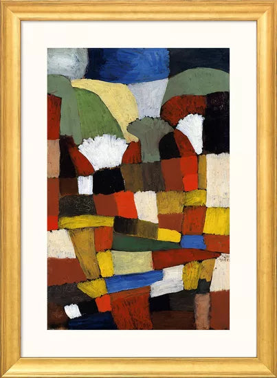 Gerahmtes Kunstwerk: Paul Klees „Garten in P. H.“ (1925) zeigt eine abstrakte Komposition mit farbenfrohen geometrischen Formen in Rot, Gelb, Grün, Schwarz und Weiß, präsentiert in einem goldenen Rahmen.