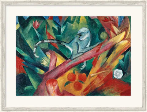 Abstraktes Gemälde eines Affen in einem bunten Dschungel mit leuchtend grünen, roten und gelben geometrischen Formen.