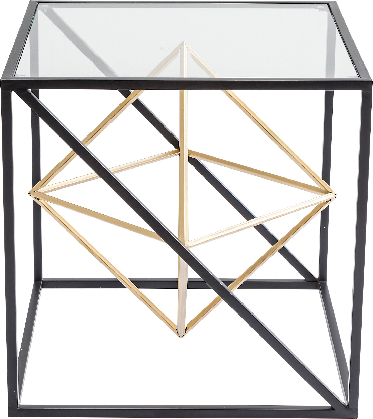Der Beistelltisch Prisma überzeugt mit quadratischer Glasplatte, schwarzem Metallrahmen und goldener geometrischer Skulptur im Inneren – ein kunstvolles Designstück für modernen Wohnstil.