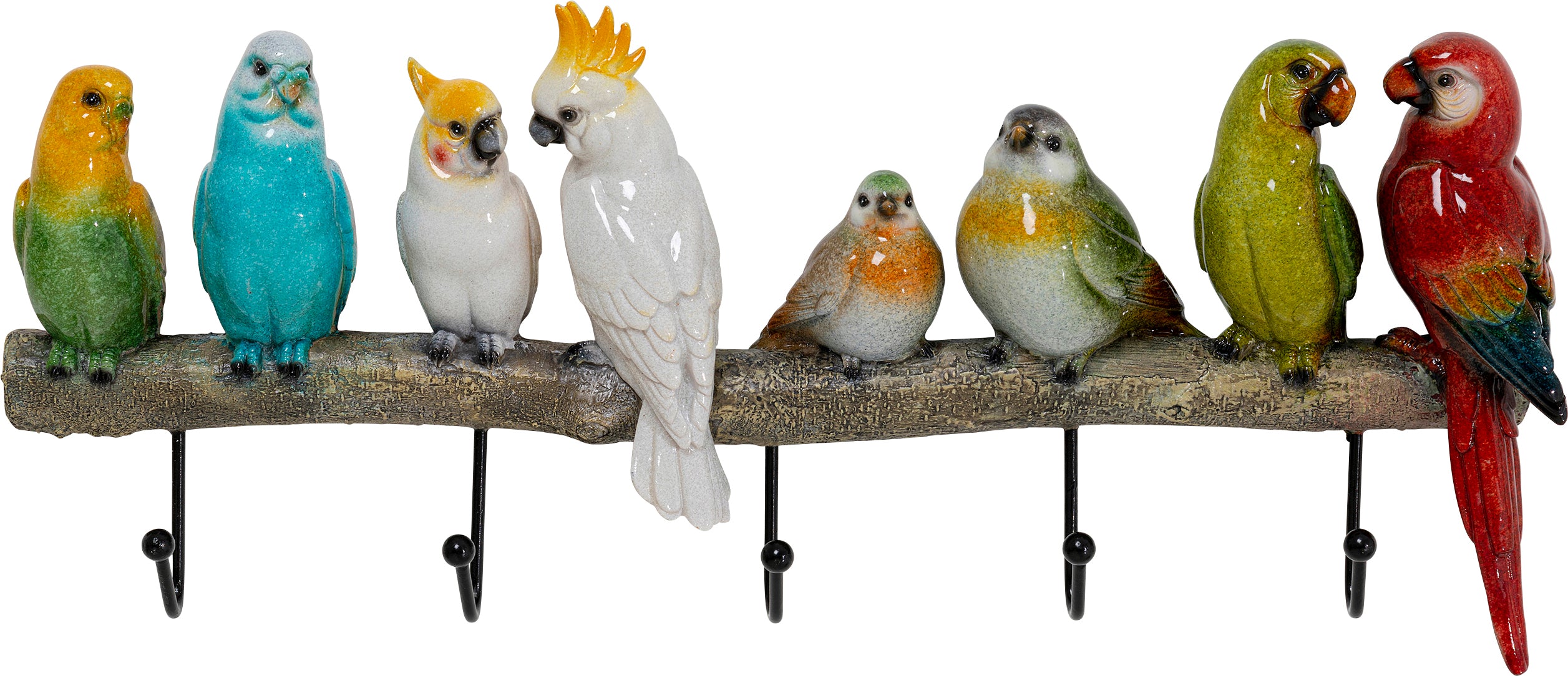 Die Wandgarderobe „Exotic Birds“ besteht aus acht farbenfrohen Keramikvögeln auf einem Ast und fünf stabilen Haken darunter und verleiht jedem Flur oder Zimmer endloses Sommerflair und Charme.