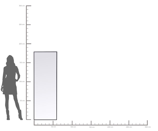 Eine Silhouette einer Person neben einem großen vertikalen Rechteck, beide gemessen an einer metrischen Größentabelle.