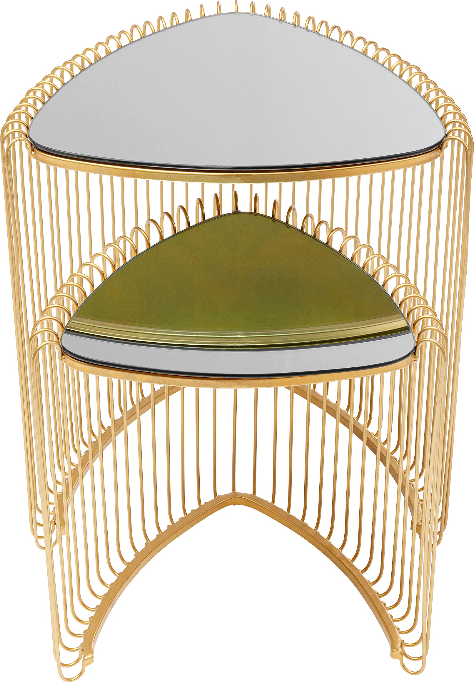 Das 2-teilige Set Beistelltisch Wire Triangle Gold kombiniert goldene Drahtgestelle mit einem verspiegelten und einem grünen Tisch, die minimalistisches Design und moderne Geometrie vereinen.