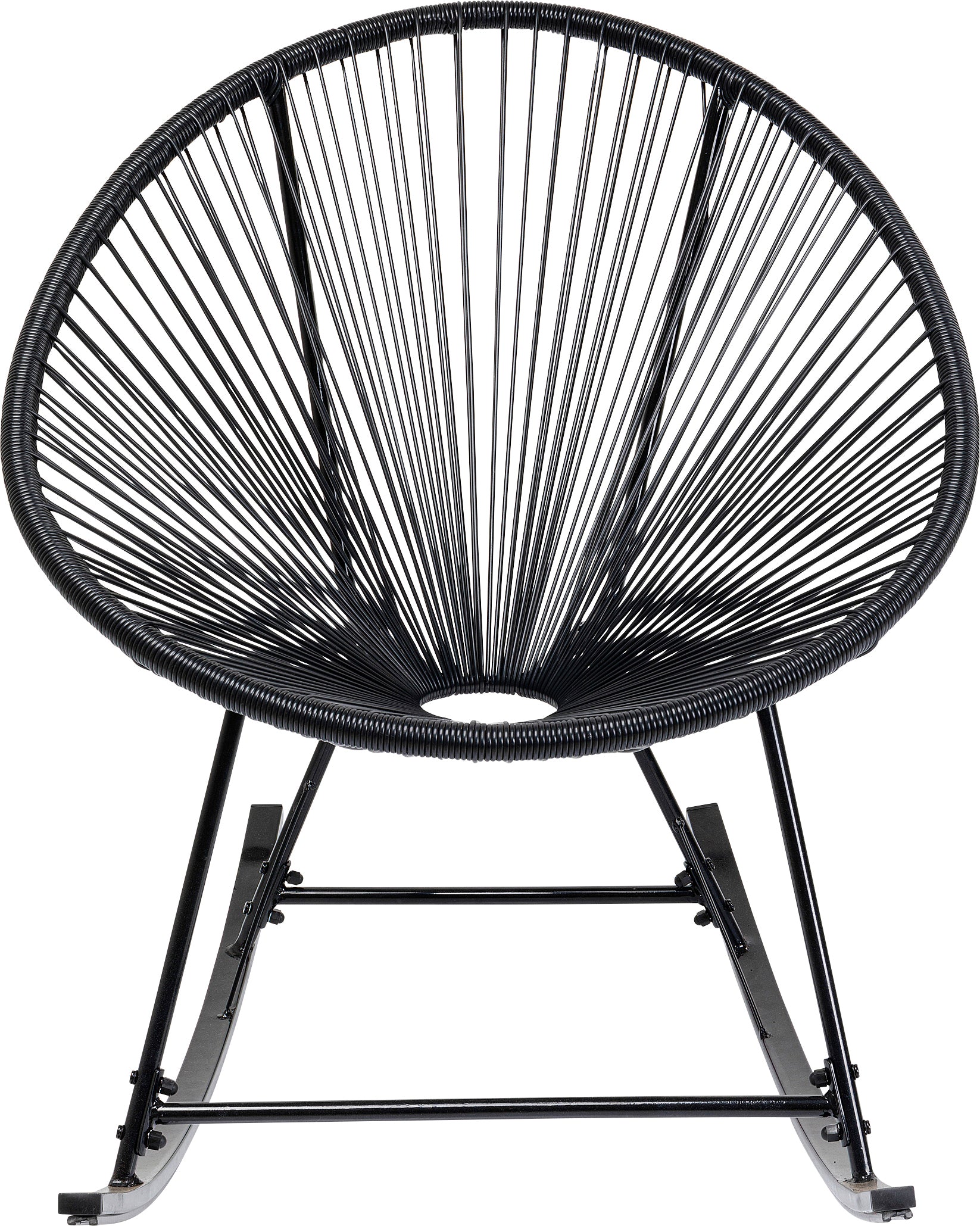 Der Schaukelstuhl Acapulco – Schwarz oder Natur ist ein moderner Schaukelstuhl für den Außenbereich mit einer runden Sitzfläche und Rückenlehne aus strahlenförmigen Schnüren, die auf einem eleganten Metallsockel in Schwarz oder Natur stehen.