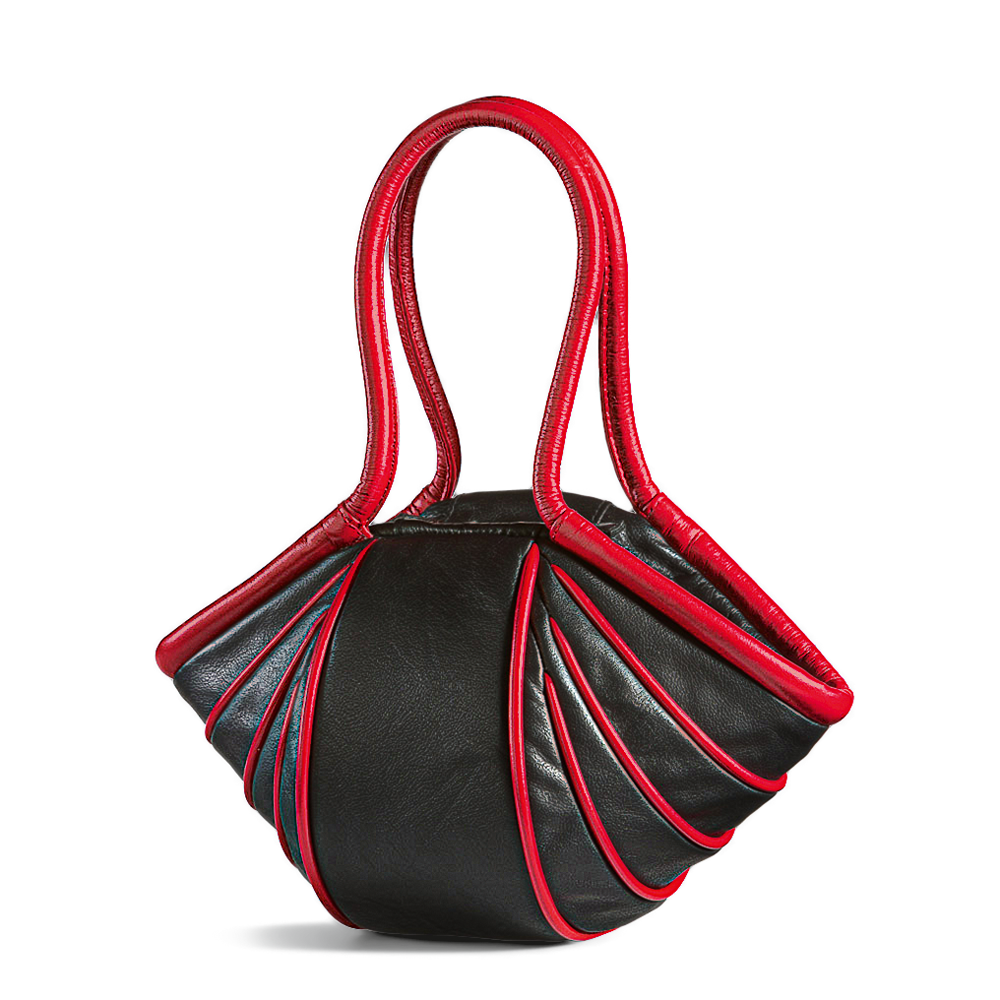 Handtasche „Lady-Stripe“ in Schwarz/Rot mit geschwungenen Linien und zwei Henkeln vor weißem Hintergrund.