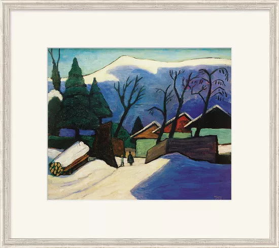 Gabriele Münter: Bild „Drei Häuser im Schnee“ (1933), gerahmt – farbenfrohe Darstellung eines verschneiten Dorfs mit Bäumen, Bergen, Häusern und zwei Figuren auf einem Weg.
