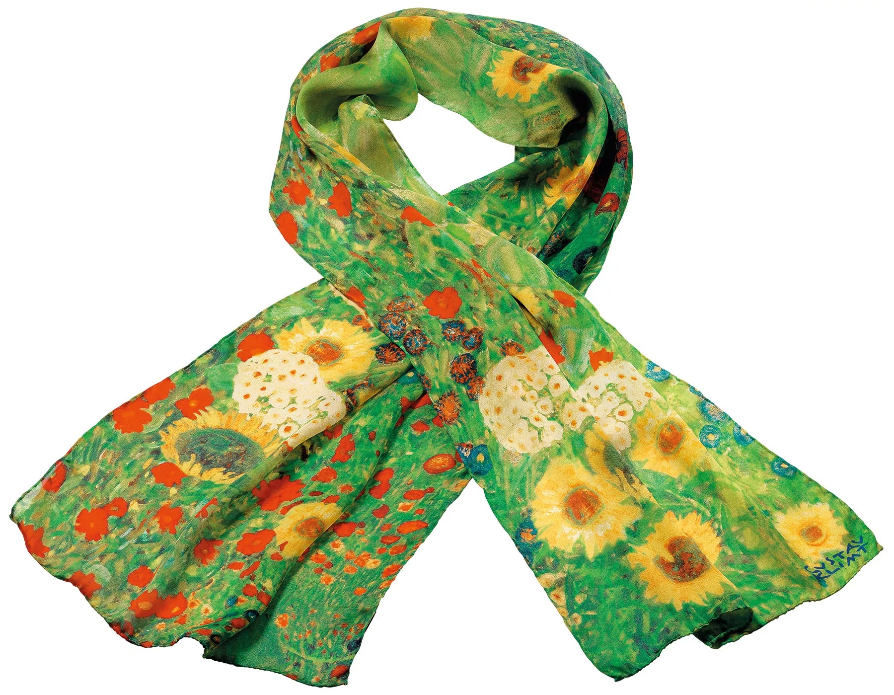 Grüner Blumenschal, inspiriert von Gustav Klimts „Bauerngarten mit Sonnenblumen“, zeigt Sonnenblumen, Mohnblumen und Blätter in einem farbenfrohen, malerischen Design.