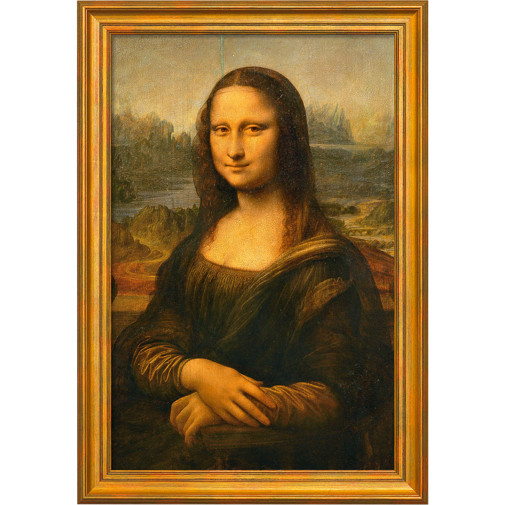 Gerahmter Druck von Leonardo da Vincis „Mona Lisa (La Gioconda)“ (ca. 1503/05), der eine Frau mit langem dunklem Haar, einem subtilen Lächeln und gefalteten Händen vor einem Landschaftshintergrund zeigt.