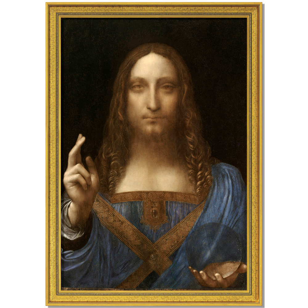 Leonardo da Vinci: Bild „Salvator Mundi“ (um 1500), gerahmt – zeigt Jesus in blauen Wänden mit Kristallkugeln und segender Geste im goldenen Rahmen.