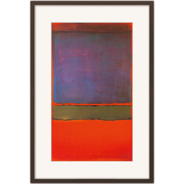 Das gerahmte Kunstwerk „Mark Rothko: Nr. 6 (Violet, Green & Red)“ (1951) zeigt ein violettes Rechteck über einem dunklen Streifen und einen leuchtend rot-orangen Block darunter.