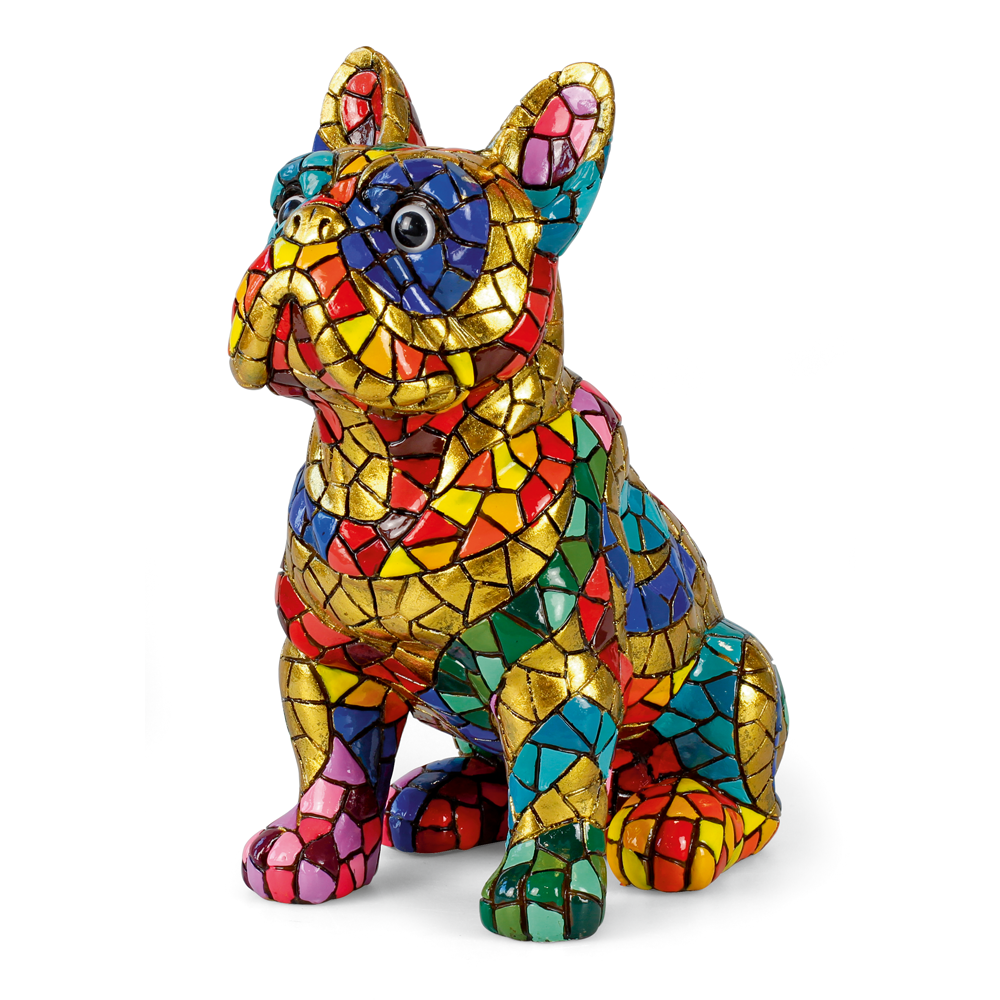 Die Mosaikfigur „Bulldogge“ zeigt ein farbenfrohes Mosaikmuster mit goldenen, roten, blauen, grünen und rosafarbenen Kacheln.