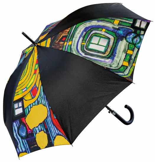 Bunter Regenschirm „Friedensreich Hundertwasser: Stockschirm ‚Regentropfenfänger‘“ mit abstrakten geometrischen Mustern und Fenstermustern auf schwarzem Hintergrund.