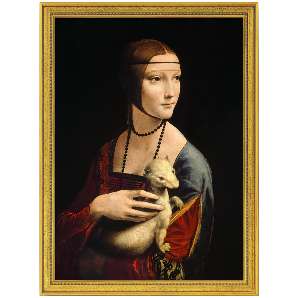 Leonardo da Vinci: Bild „Die Dame mit dem Hermelin“ (1488-90), gerahmt – zeigt eine Frau in Renaissancekleidung mit einem weißen Hermelin vor dunklem Hintergrund im goldenen Rahmen.