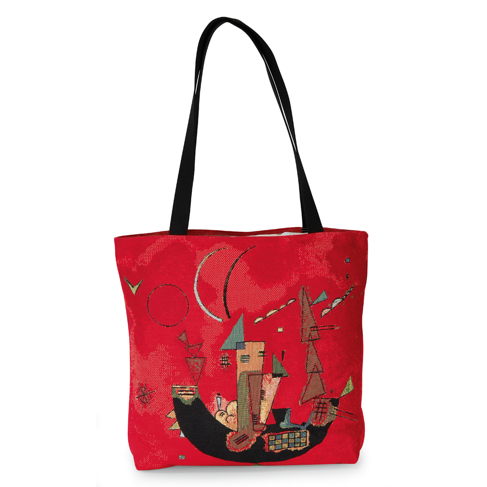 Rote Einkaufstasche mit abstrakter geometrischer Kunst in Schwarz, Hellbraun und Rot, inspiriert von Wassily Kandinsky. Produktname: Schultertasche „Mit und Gegen“.